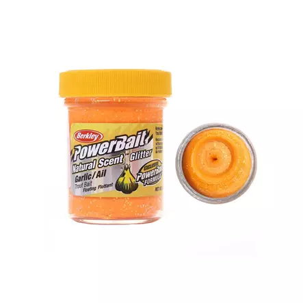 Berkley PowerBait Natural Glitter Trout Bait Garlic Fluo Orange 50g -syöttitahna - Syötit - 028632022665 - 1