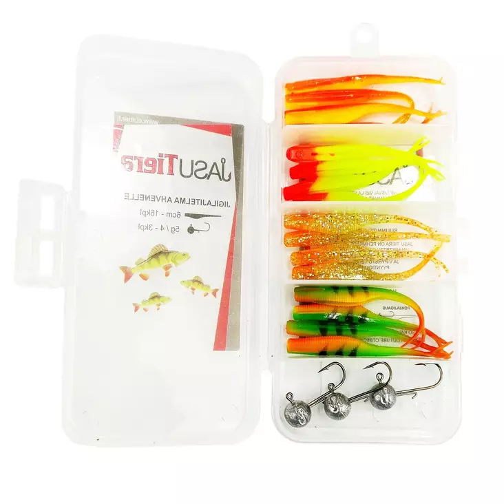 JASU Tiera kalajigilajitelma 8cm + 16kpl jigipäätä - Jigit - 6430075932205 - 1
