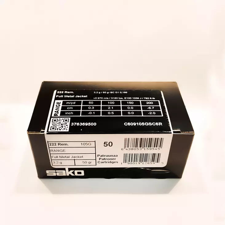 Sako Range 222Rem 3,2g FMJ -kiväärinpatruuna - Kiväärin kaliiperit .222-.243 - 6438053159545 - 1
