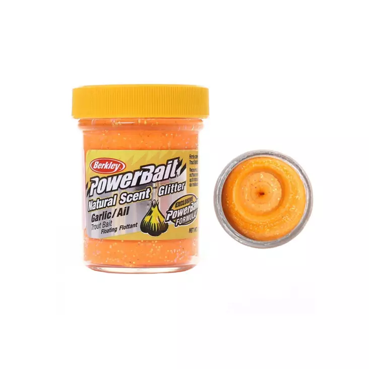 Berkley PowerBait Natural Glitter Trout Bait Garlic Fluo Orange 50g -syöttitahna - Syötit - 028632022665 - 1